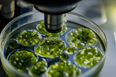 Researching algae in a petri dish, efficient innovative equipment for precise liquid analysis in a laboratory settingの素材