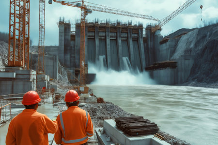 Two engineers wearing orange high visibility jackets and hard hats inspecting a hydroelectric dam construction site with cranes and water flowingの素材