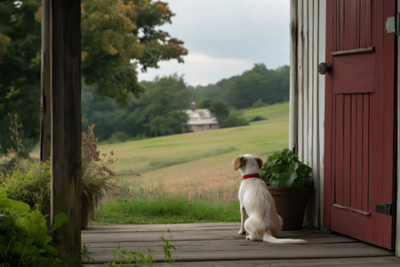 Small dog sitting on a wooden porch, gazing out over the lush green fields of a tranquil farm, enjoying the peaceful summer dayの素材