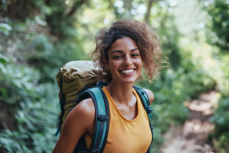 Young female hiker smiles while carrying backpack and walking through a lush forest trail, enjoying the beauty of natureの素材