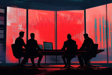 Four businessmen are sitting at a table, analyzing data on computer screens, with a large red window in the backgroundの素材