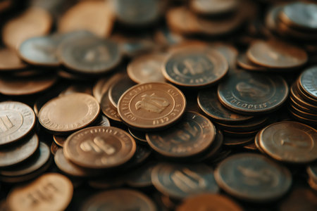 Close up of a large pile of coins, creating a background representing finance, investment, and savingsの素材