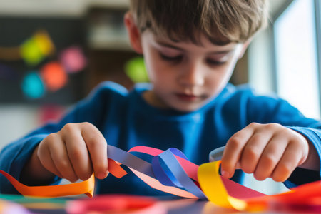 Preschooler engaged in crafting a vibrant paper chain during a fun art activity at home, enhancing creativity and fine motor skillsの素材