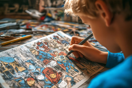 Concentrated boy drawing comic strip with superheroes using pencil and working at wooden deskの素材