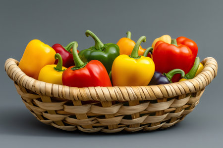 Vibrant bell peppers of various colors overflowing a wicker basket, creating a visually appealing display of fresh produceの素材