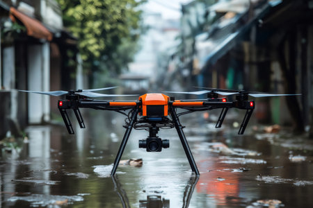 Professional drone hovering over flooded street, capturing images for disaster assessment and recovery operationsの素材