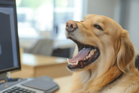 Golden retriever dog barking playfully near a computer in a modern office, bringing humor and joy to the workplace atmosphereの素材