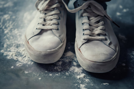 White dance sneakers covered in chalk dust resting on a dark floor after a dance practice or performanceの素材