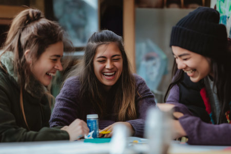 Three female artists are working on a project, sharing laughter and creativity in their studioの素材
