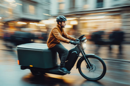 Courier riding electric cargo bike delivering packages in a busy city street with motion blurの素材