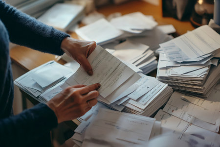 Accountant managing paperwork, carefully sorting and organizing receipts and invoices into labeled envelopes on an office deskの素材