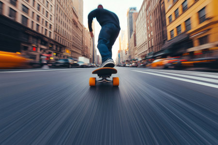 Low angle view of a skateboarder riding fast down a busy street in the city, with motion blurの素材