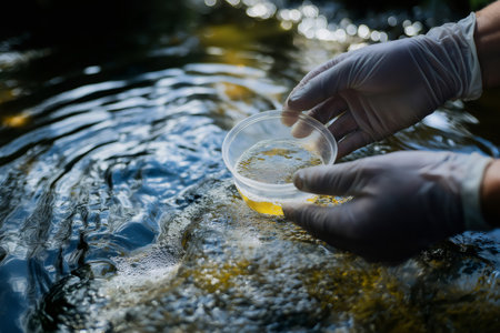 Gloved hands collecting polluted water samples from a river using a plastic container for further analysisの素材
