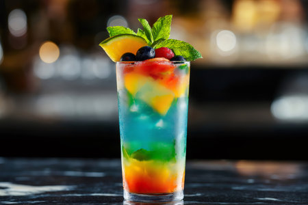 Refreshing rainbow mocktail with layers of different colors, fruit slices, and mint, served in a tall glass on a bar counterの素材