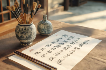 Traditional Chinese calligraphy tools laying on a wooden table with morning sunlight illuminating the sceneの素材