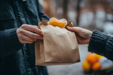 Two individuals exchanging a brown paper bag filled with food, likely from a local delivery service, on an urban streetの素材
