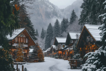 Snow covered wooden houses with Christmas lights decorating a Bavarian alpine village during a snowfall in winterの素材