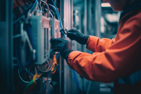 HVAC technician wearing protective gloves adjusting settings of central air conditioning system control panelの素材