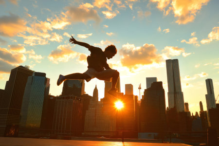 Silhouette of a dancer performing a mid air flip against the backdrop of the city skyline during a vibrant sunsetの素材