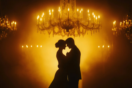 Silhouette of romantic couple performing waltz under crystal chandelier in luxury ballroom with warm yellow lightの素材