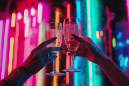 Two people holding champagne flutes, toasting in front of a colorful neon light installationの素材
