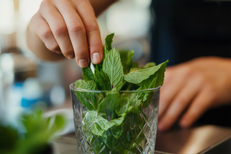Bartender carefully placing fresh mint leaves into a glass, preparing ingredients for a refreshing cocktail in a professional bar settingの素材