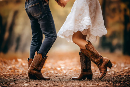 Couple holding hands and wearing cowboy boots, dancing joyfully in a vibrant autumn forest, surrounded by colorful leaves and treesの素材