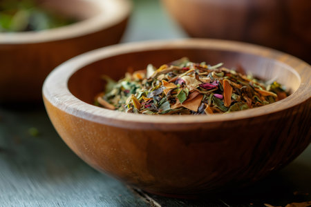 Close up of a wooden bowl containing a mix of dried tea leaves, petals, and spices, suggesting a healthy and aromatic herbal infusionの素材