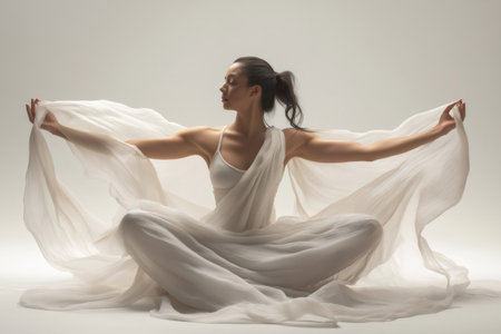 Graceful dancer sitting in meditative pose, holding white flowing fabric, expressing serenity and mindfulnessの素材