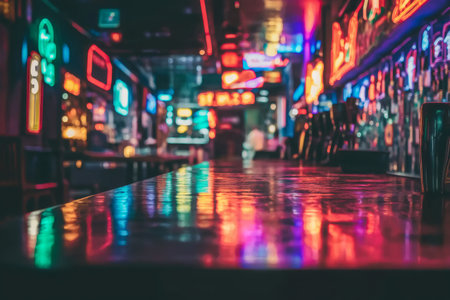 Neon lights reflecting on the bar counter surface of a dimly lit pub, creating a vibrant and colorful atmosphereの素材