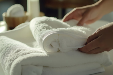 Maid folding fresh, clean white towels in a hotel room, meticulously preparing the bathroom for an inviting guest experienceの素材