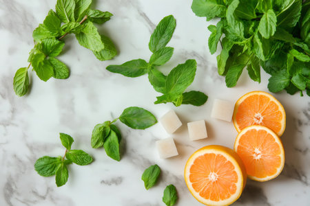 Fresh mint leaves, sliced citrus fruits and sugar cubes composing a refreshing summer drink ingredients on a marble tableの素材