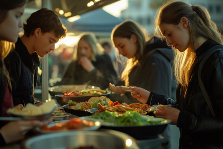 High school students enjoying the vibrant atmosphere of a street food stall, happily selecting delicious snacks outdoors at sunsetの素材