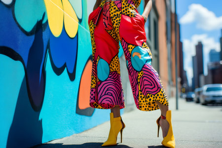 Stylish woman wearing patterned pants and yellow high heels stands near a vibrant graffiti wall, showcasing urban fashion trendsの素材