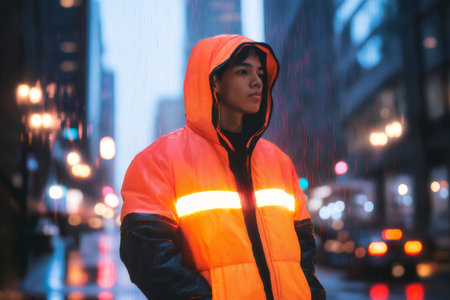Stylish young man wearing a reflective orange jacket, walking through a rainy urban landscape at night, surrounded by glowing neon lightsの素材