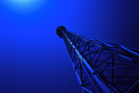 Low angle view of a wind turbine standing tall against a vibrant blue sky, symbolizing renewable energy and sustainable developmentの素材