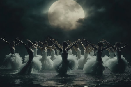 Group of ballet dancers in white tutus performing Swan Lake in water at night under a large full moon, creating a magical and surreal atmosphereの素材