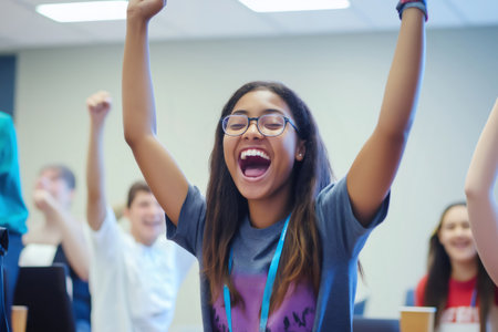 Group of young computer science students celebrating success, coding and programming, software development and computer science conceptの素材