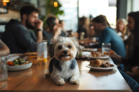 Adorable small dog waiting for treats while sitting on a restaurant table with people eating in the backgroundの素材