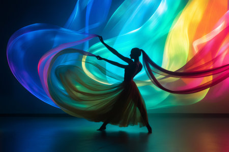 Professional dancer performing with led light ribbons, creating a colorful and dynamic visual effectの素材