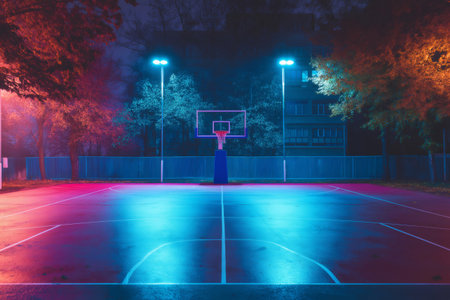 Illuminated by vibrant neon lights, an empty outdoor basketball court sits under the night sky, creating a colorful and modern urban sceneの素材