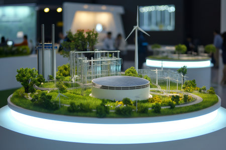 Miniature model of a power plant combining solar panels, wind turbines and green hydrogen production, displayed on a circular stand at an exhibitionの素材