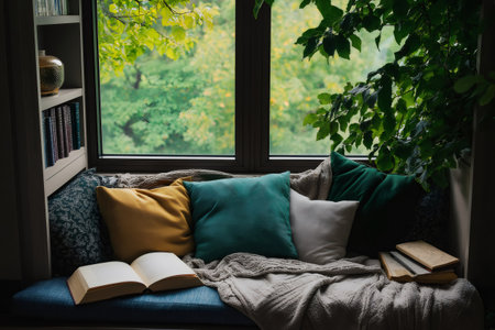Open book lying on cozy window seat with cushions, blanket, and lush green view, creating a perfect reading nookの素材