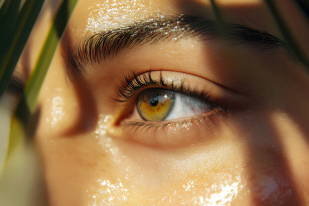 Close up of a woman's eye with glitter makeup, emphasizing natural skincare and beauty productsの素材