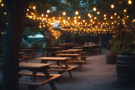 Empty picnic tables in an outdoor beer garden illuminated by string lights at dusk, creating a cozy and inviting atmosphereの素材
