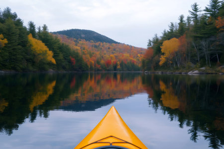 Kayaking on a peaceful lake surrounded by vibrant autumn foliage, creating a breathtaking reflectionの素材