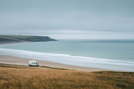 Campervan is parked on a road next to a sandy beach with a beautiful ocean view, evoking freedom and a travel lifestyleの素材