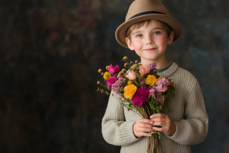 Portrait of a charming young boy wearing a fedora and holding a vibrant bouquet of flowers, exuding style and innocenceの素材