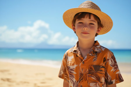 Portrait of a smiling young boy wearing straw hat and Hawaiian shirt on a tropical beach during summer vacationの素材