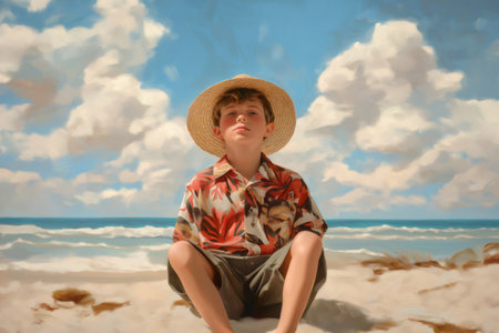 Portrait of a serene young boy enjoying the sunny beach, wearing a straw hat and Hawaiian shirt, against a backdrop of beautiful clouds and ocean wavesの素材